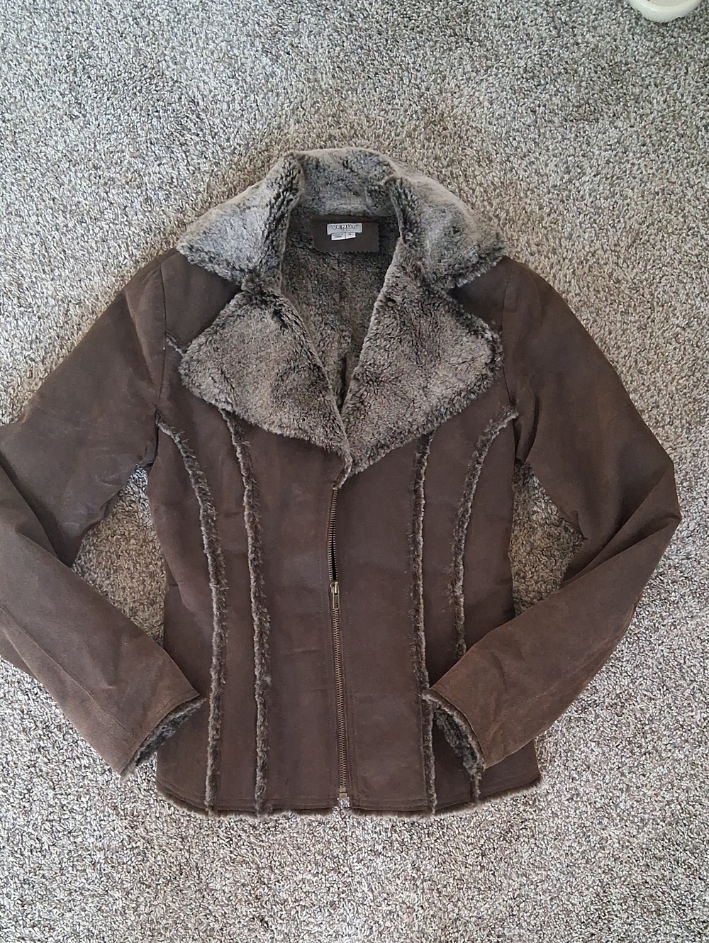 VENUS Vintage Brown Leather Y2k Jacket with Gray Faux Shearling Trim